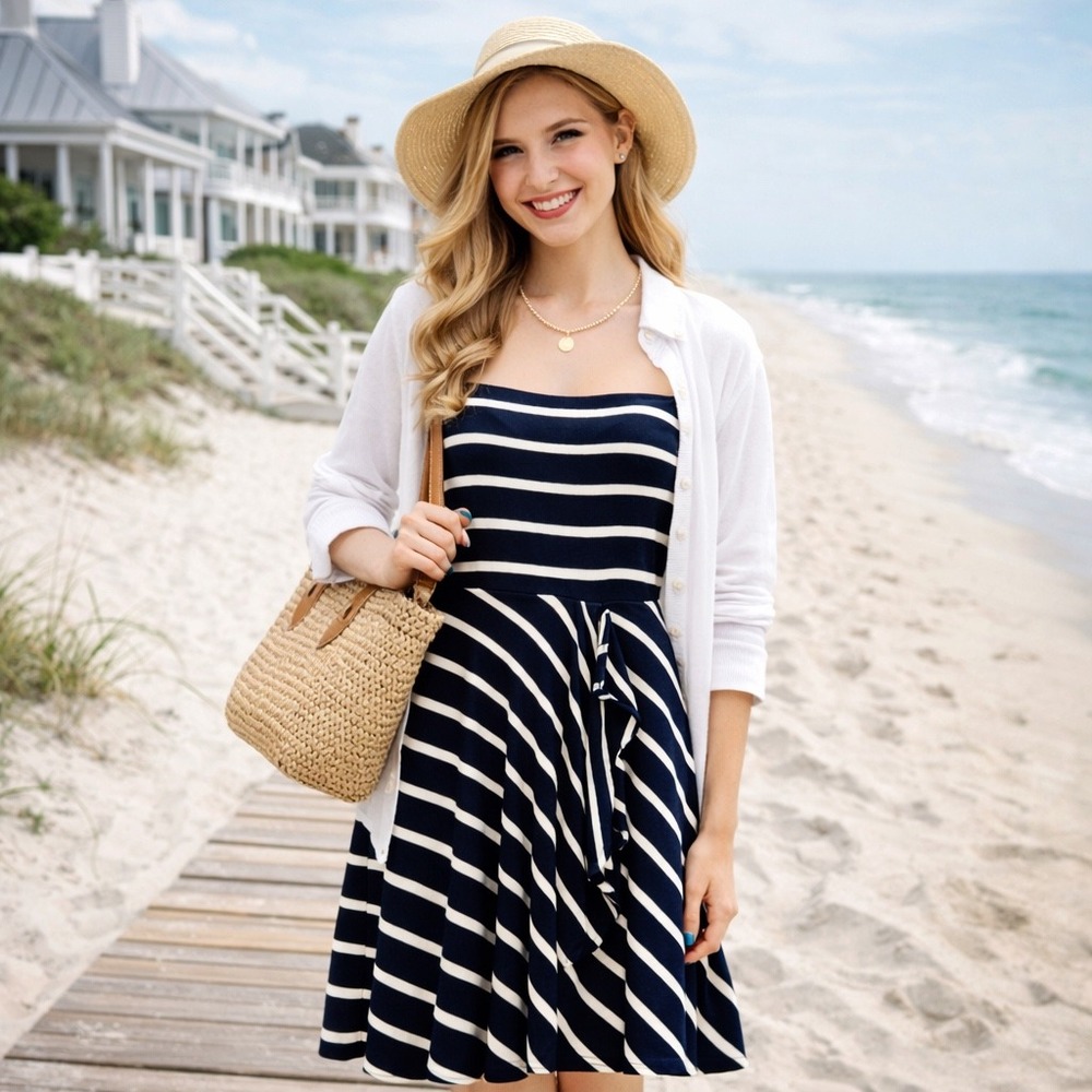 Ann Taylor Black‎ White Striped Strapless Tube Dress Size S Knit Ruffle Skirt